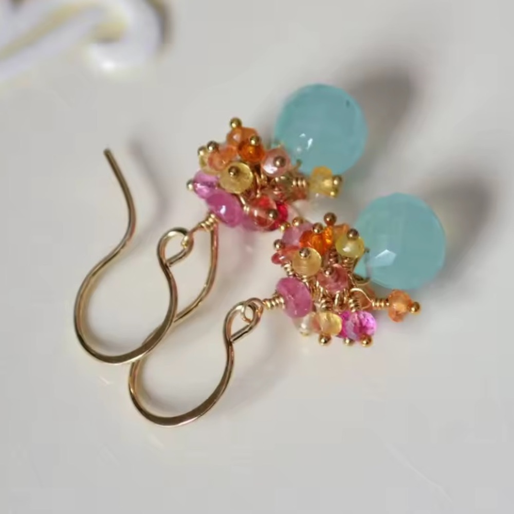 - Chalcedony Gemstone Earrings 1”-14k Gold Filled Earring Tops - Picture 6 of 6